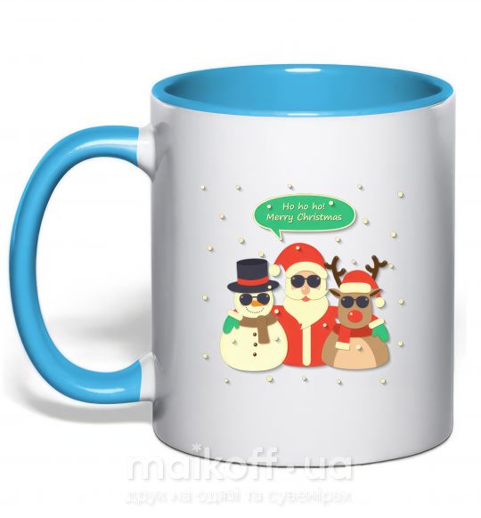 Чашка с цветной ручкой Deer snowman and santa Голубой фото