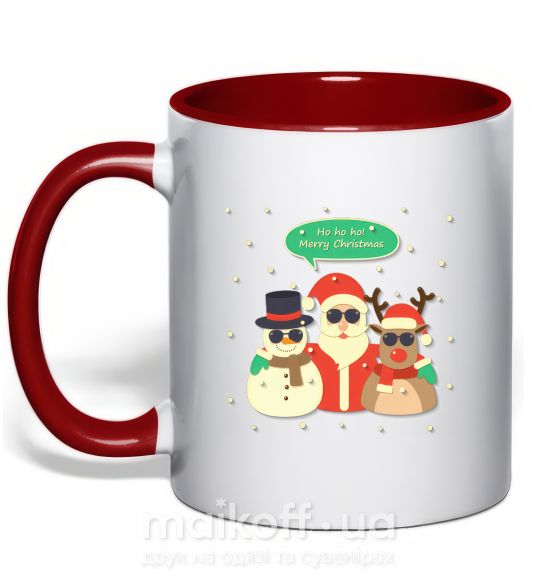 Чашка с цветной ручкой Deer snowman and santa Красный фото