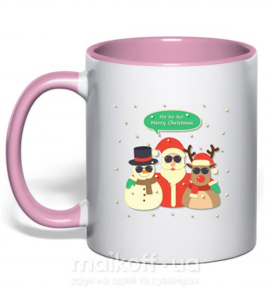 Чашка з кольоровою ручкою Deer snowman and santa Ніжно рожевий фото