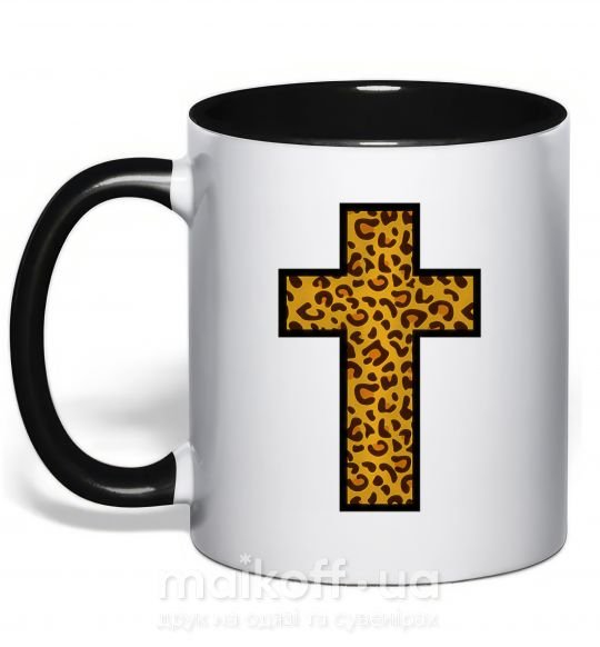 Чашка з кольоровою ручкою Леопардовый крест Чорний фото