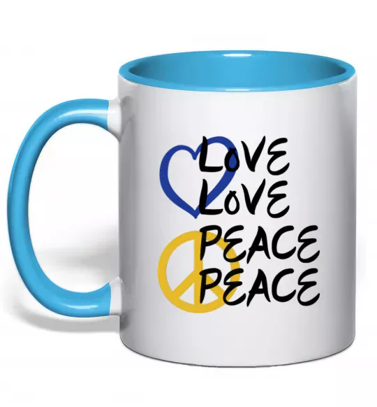 Чашка з кольоровою ручкою LOVE PEACE Блакитний фото