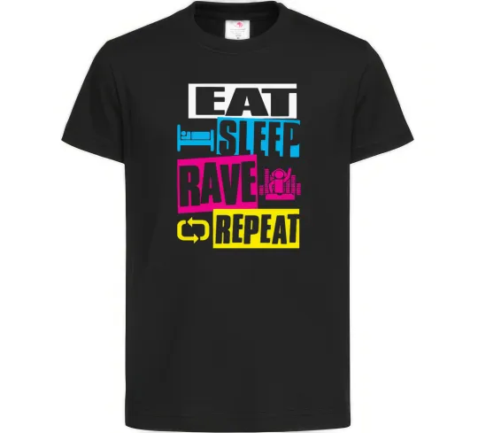 Детская футболка eat sleap rave repeat Черный фото