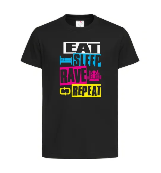 Дитяча футболка eat sleap rave repeat Чорний фото