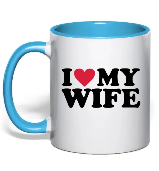 Чашка з кольоровою ручкою I love my wife Блакитний фото