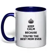 Чашка с цветной ручкой Keep calm because you are the best mom ever Глубокий темно-синий фото
