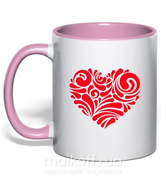 Чашка з кольоровою ручкою Сердце в узорах Ніжно рожевий фото