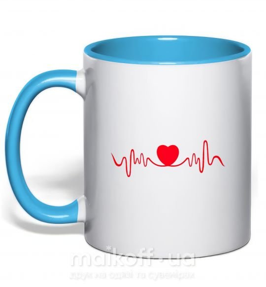 Чашка с цветной ручкой Сердце пульс Голубой фото