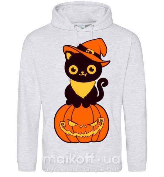 Мужская толстовка (худи) halloween cat Серый меланж фото