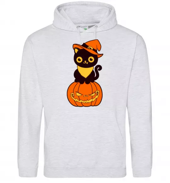 Мужская толстовка (худи) halloween cat Серый меланж фото