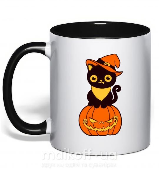 Чашка с цветной ручкой halloween cat Черный фото