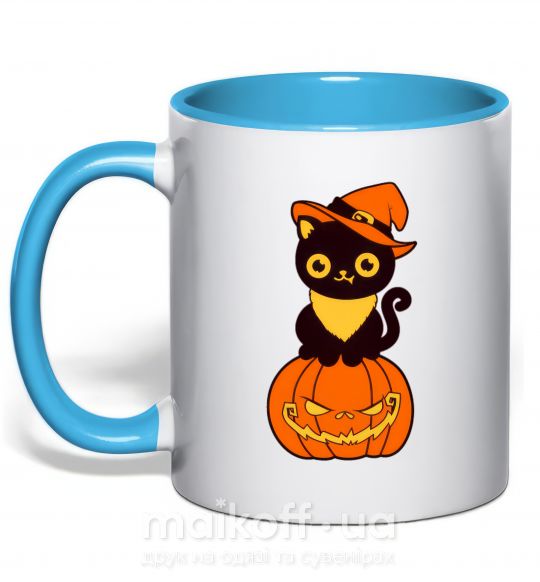 Чашка з кольоровою ручкою halloween cat Блакитний фото