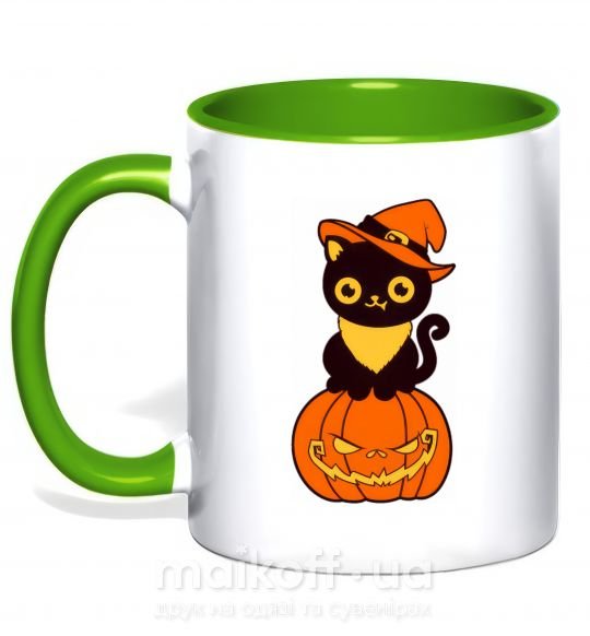 Чашка з кольоровою ручкою halloween cat Зелений фото