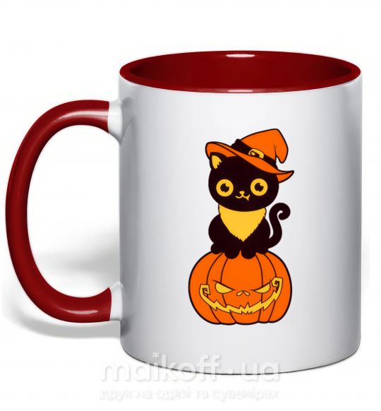 Чашка з кольоровою ручкою halloween cat Червоний фото