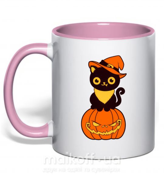 Чашка з кольоровою ручкою halloween cat Ніжно рожевий фото