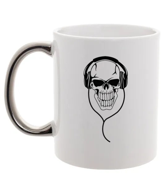Чашка с цветной ручкой Череп в навушниках Серебро фото