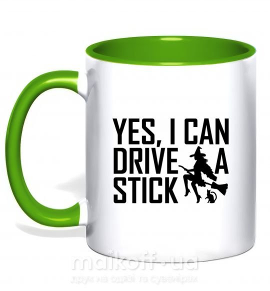 Чашка с цветной ручкой yes i can drive a stick Зеленый фото
