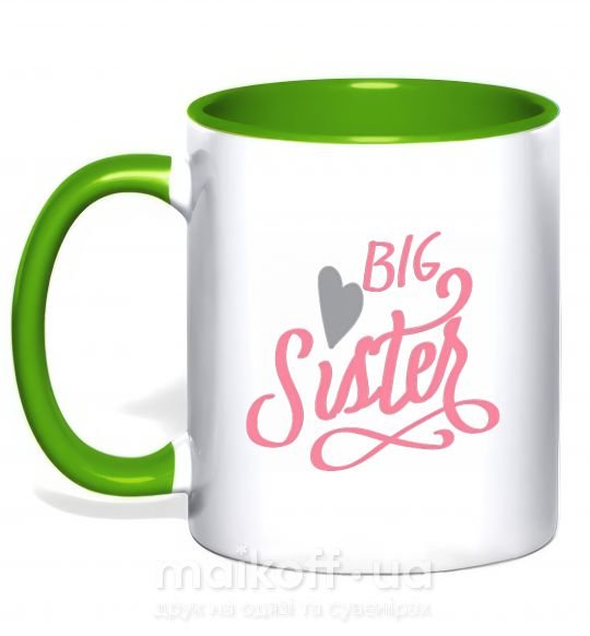 Чашка з кольоровою ручкою BIG sister розовая надпись Зелений фото