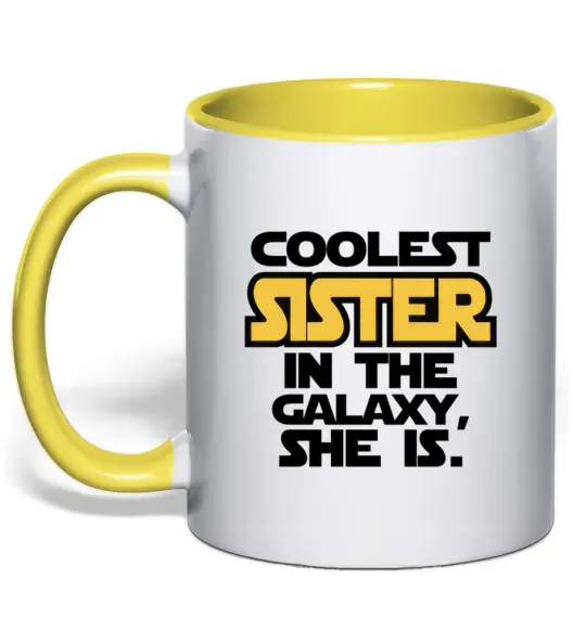 Чашка з кольоровою ручкою Coolest sister in the galaxy she is Сонячно жовтий фото