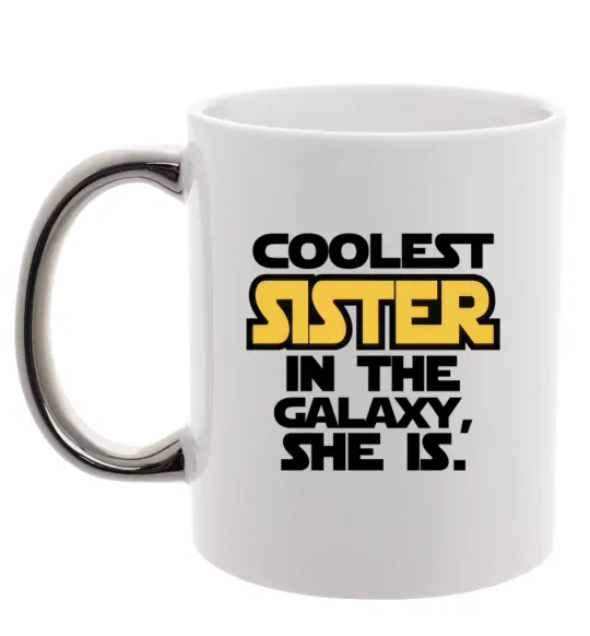 Чашка з кольоровою ручкою Coolest sister in the galaxy she is Срібло фото
