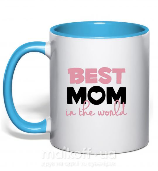 Чашка з кольоровою ручкою Best mom in the world (большие буквы) Блакитний фото
