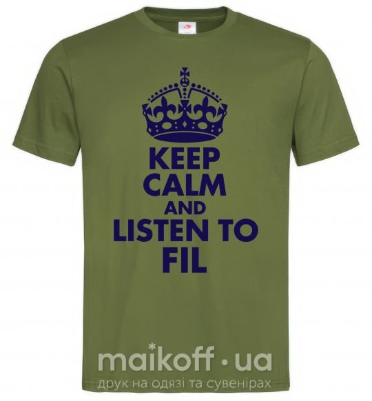 Мужская футболка Keep calm and listen to Fil Оливковый фото