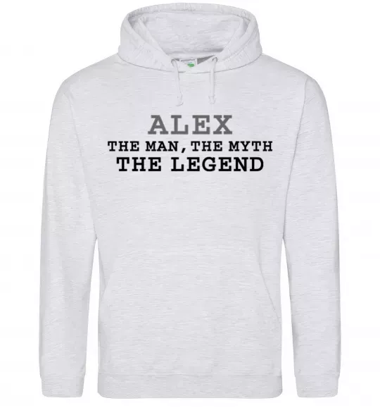 Мужская толстовка (худи) Alex the man the myth the legend Серый меланж фото