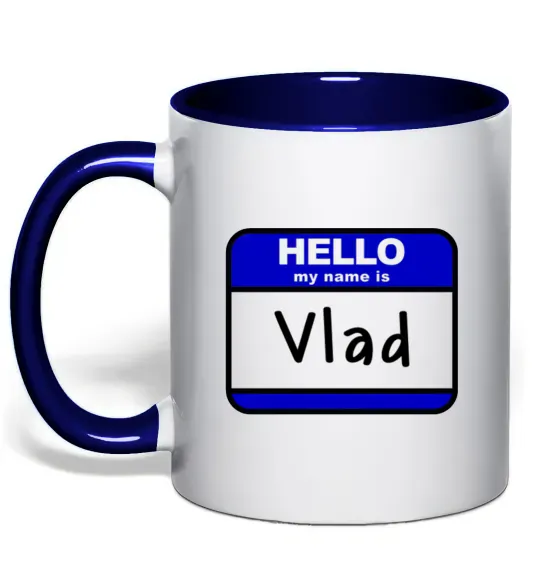 Чашка з кольоровою ручкою Hello my name is Vlad Глибокий темно-синій фото