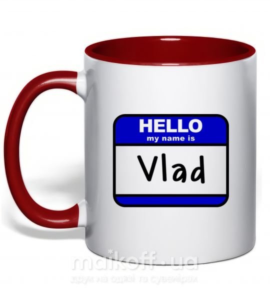 Чашка з кольоровою ручкою Hello my name is Vlad Червоний фото