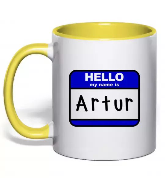 Чашка с цветной ручкой Hello my name is Artur Солнечно желтый фото