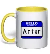 Чашка с цветной ручкой Hello my name is Artur Солнечно желтый фото