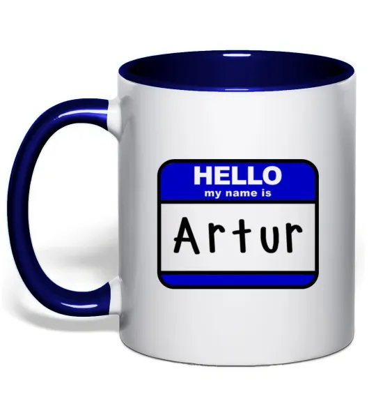 Чашка с цветной ручкой Hello my name is Artur Глубокий темно-синий фото
