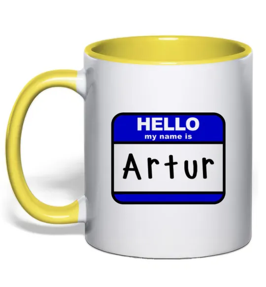 Чашка з кольоровою ручкою Hello my name is Artur Лимонний фото