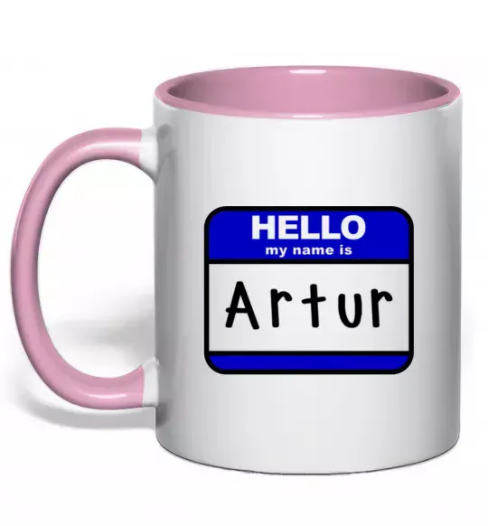 Чашка с цветной ручкой Hello my name is Artur Нежно розовый фото