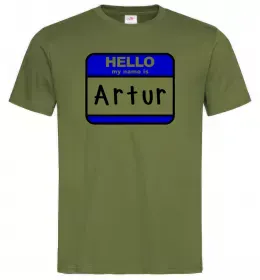 Мужская футболка Hello my name is Artur Оливковый фото