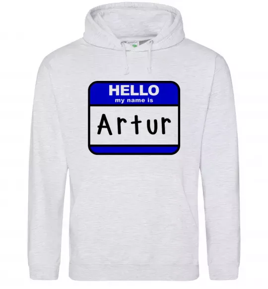 Мужская толстовка (худи) Hello my name is Artur Серый меланж фото