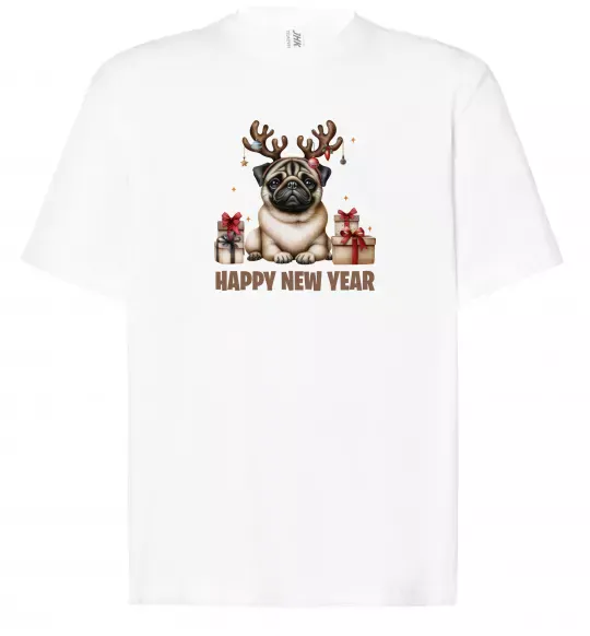 Футболка Оверсайз Новорічний мопс Білий фото
