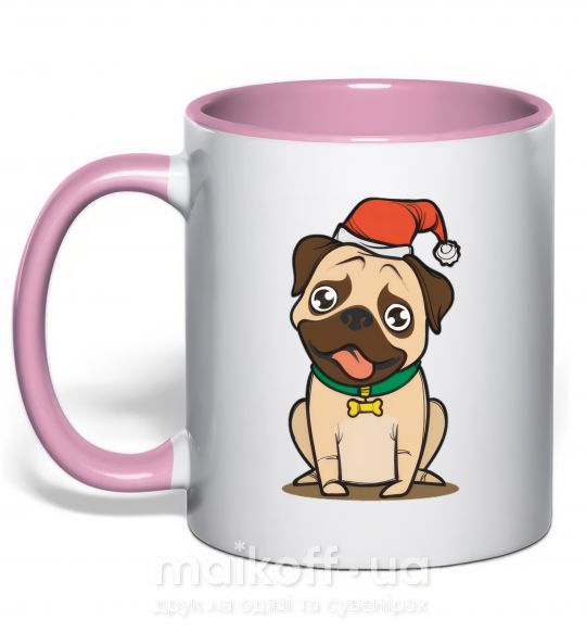 Чашка з кольоровою ручкою Xmas pug happy Ніжно рожевий фото