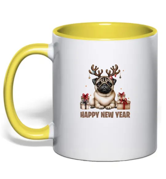 Чашка с цветной ручкой Новорічний мопс Лимонный фото