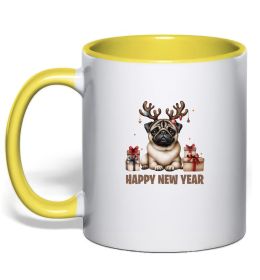 Чашка с цветной ручкой Новорічний мопс