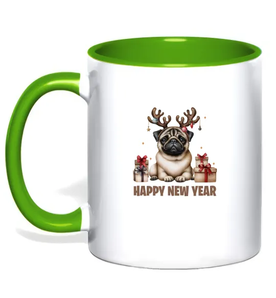 Чашка с цветной ручкой Новорічний мопс Лаймовый фото