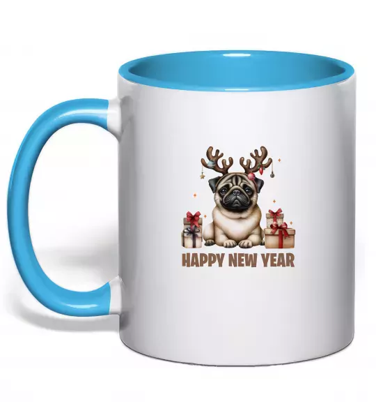 Чашка з кольоровою ручкою Новорічний мопс Блакитний фото