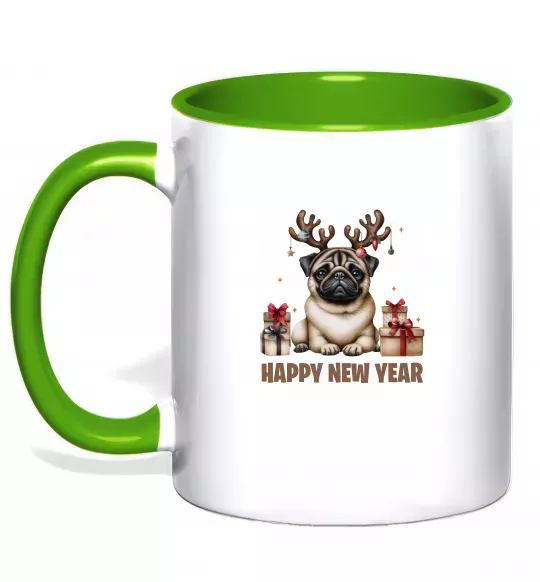 Чашка з кольоровою ручкою Новорічний мопс Зелений фото
