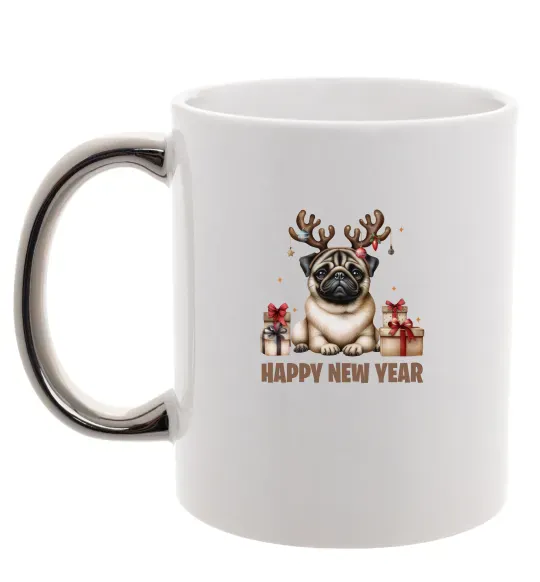 Чашка з кольоровою ручкою Новорічний мопс Срібло фото