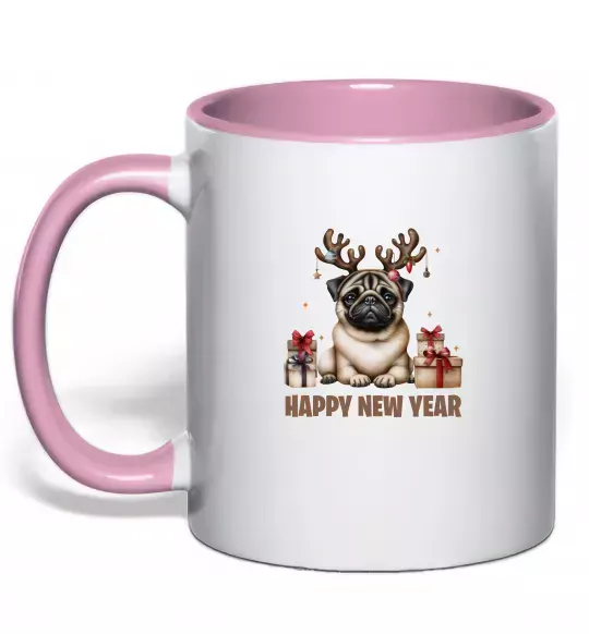 Чашка з кольоровою ручкою Новорічний мопс Ніжно рожевий фото