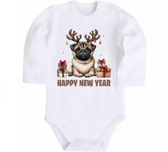 Дитячий бодік Новорічний мопс Білий фото