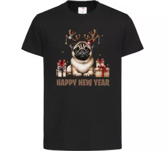 Дитяча футболка Новорічний мопс Чорний фото