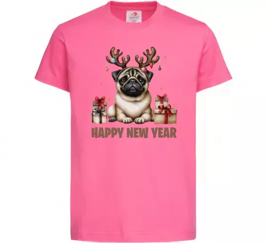 Дитяча футболка Новорічний мопс Яскраво-рожевий фото