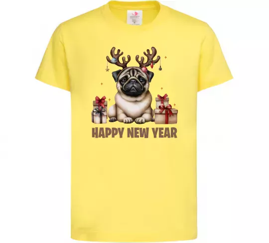 Дитяча футболка Новорічний мопс Лимонний фото