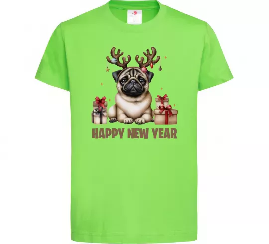 Дитяча футболка Новорічний мопс Лаймовий фото