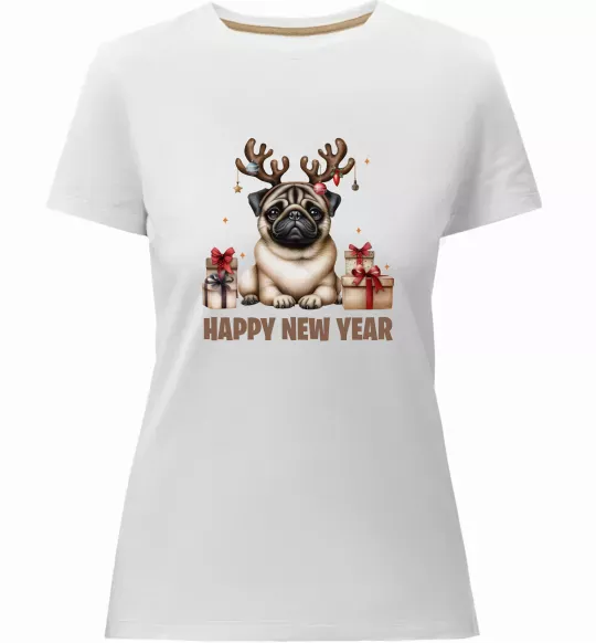 Жіноча преміум футболка Новорічний мопс Білий фото